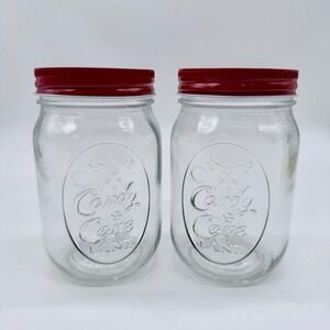 Set of 2 Candy Cane Lane Glass Mason Jars Red Lids Christmas Holiday Decor